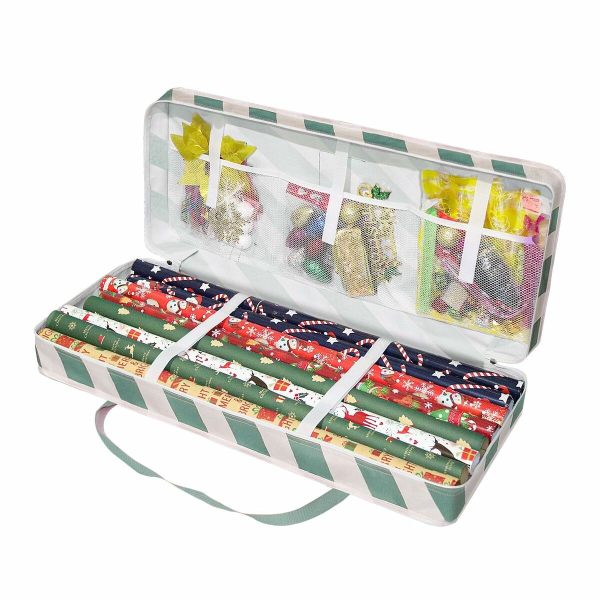 Wrapping Organizer Storage Bag,Christmas Ornament Wrapping Paper Organizer Storage with Three Isolation Nets for Christmas Ornament etc(Green Stripe)