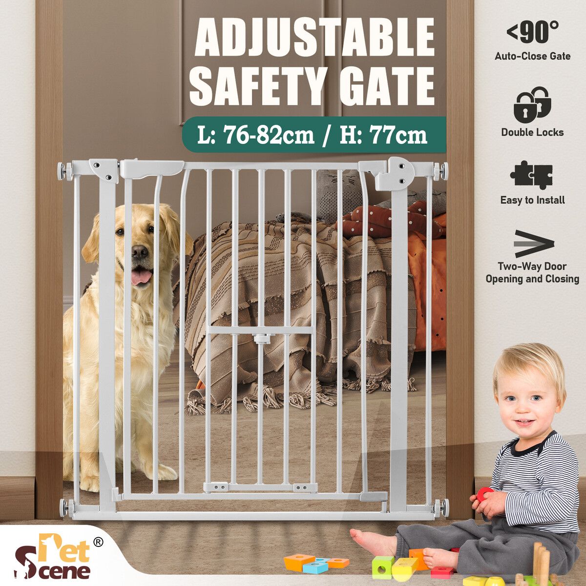 Dog Safety Gate Pet Fence Barrier Security Guard Adjustable Doorway Stairs Enclosure Low Containment System with Walk Through Cat Door 77cm Height