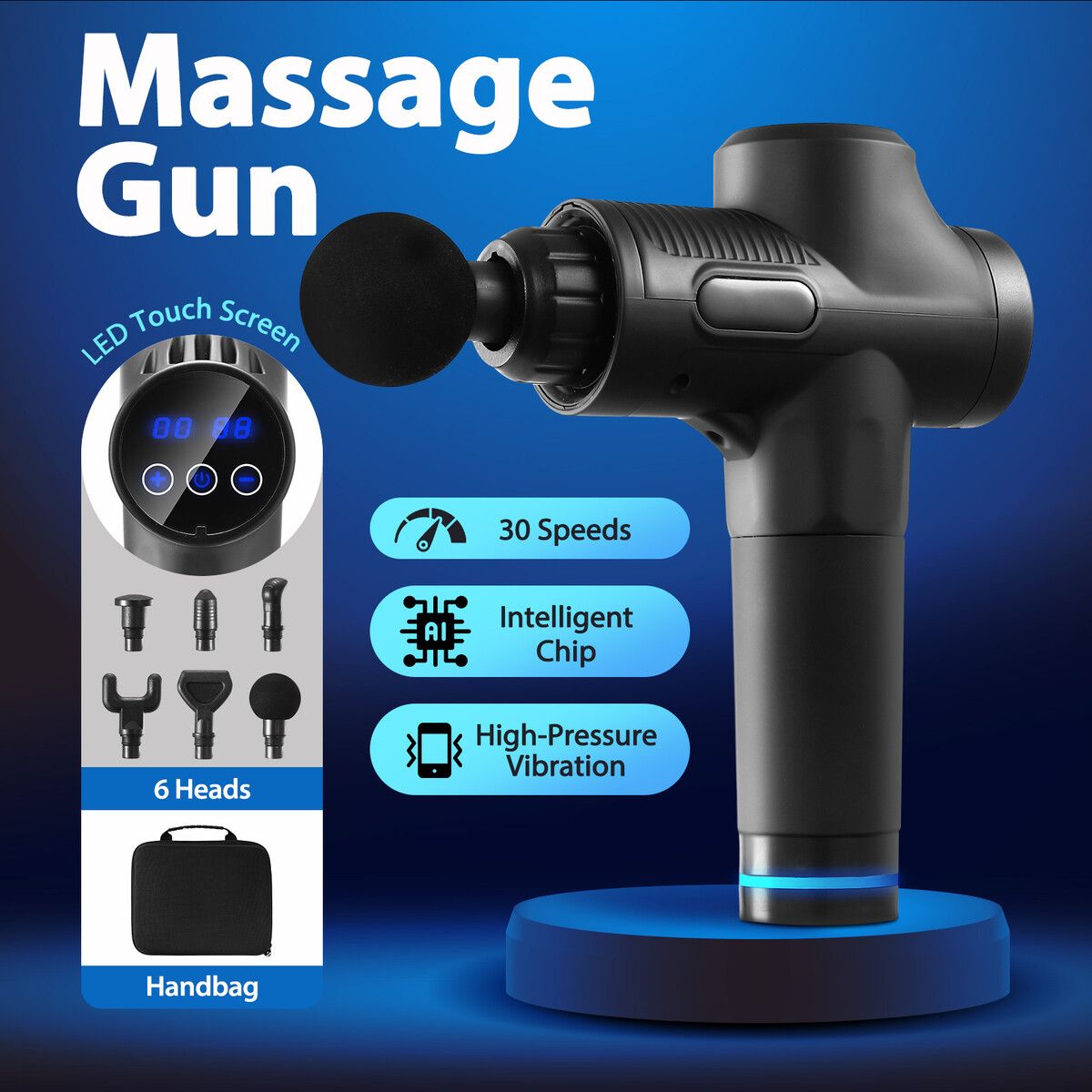 Electric Massage Gun Body Muscle Percussion Deep Tissue Vibration LED Handheld Massager for Shoulder Neck Back Leg with 6 Heads 30 Speeds