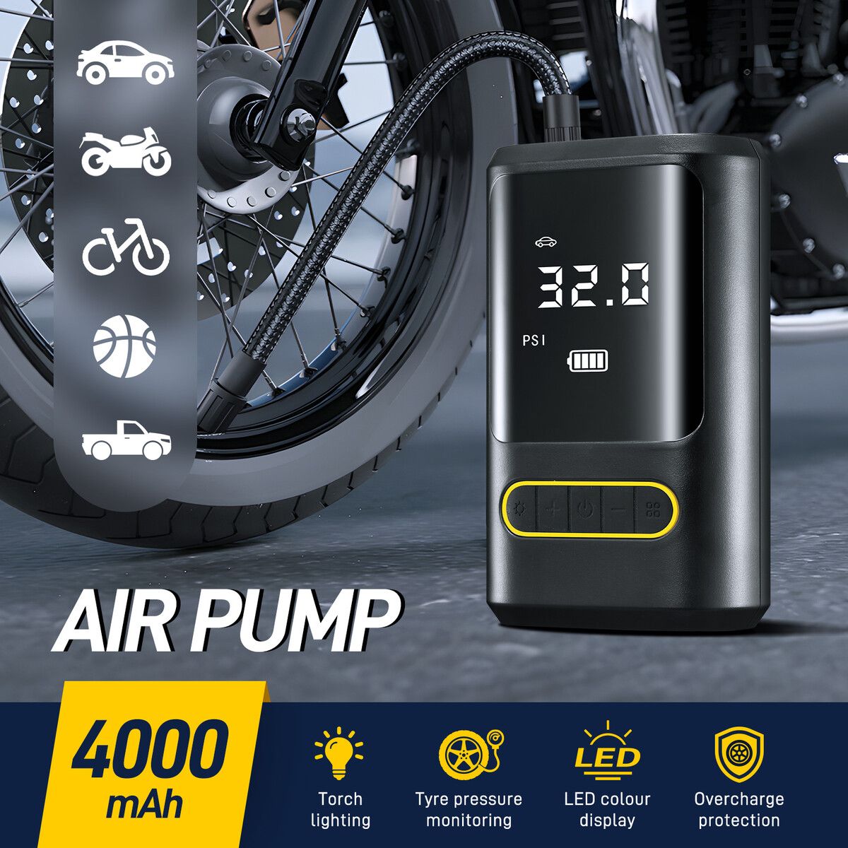 Air Compressor Pump Portable Car Tyre Inflator Cordless Compact Bike Ball Bicycle Motorcycle Tire Inflation Device Power Bank with Auto Stop LED LCD