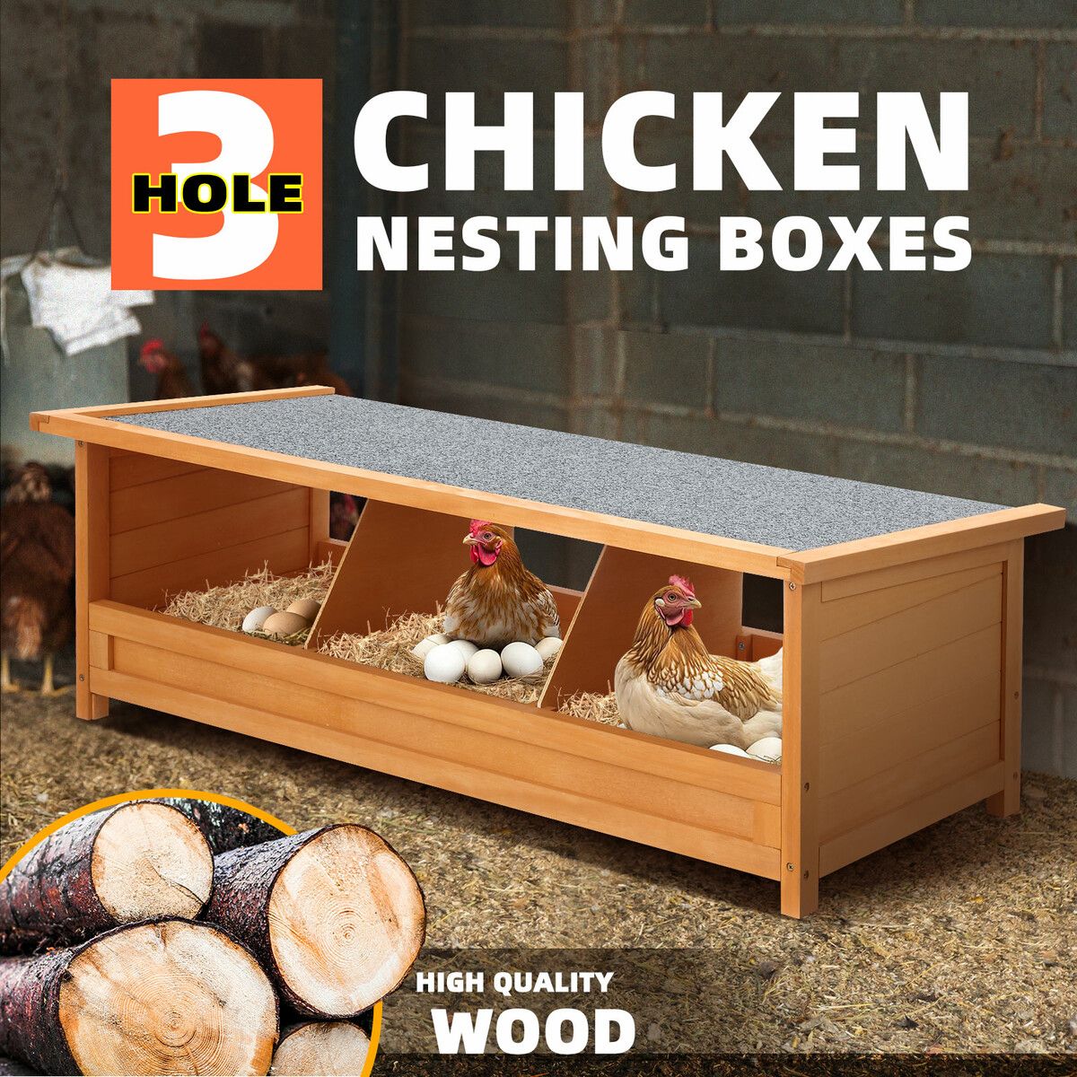 3 Hole Wooden Nesting Box Chicken House Hen Chook Laying Boxes Duck Poultry Egg Nest Brooder Coop Breeding Hatch Roost Perch Waterproof Lid