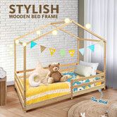 Childrens Bed Frame Base Toddler Single Size House Shape Floor Wooden Mattress Platform Foundation Bedroom Furniture with Guard Rail