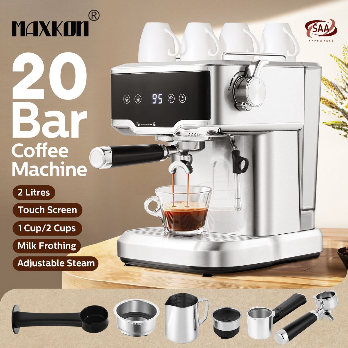 Espresso Coffee Machine 20 Bar Stainless Steel Portable Latte Cappuccino Maker 2L Home Office Cafe Milk Frother Preheating Temp Time Display Maxkon