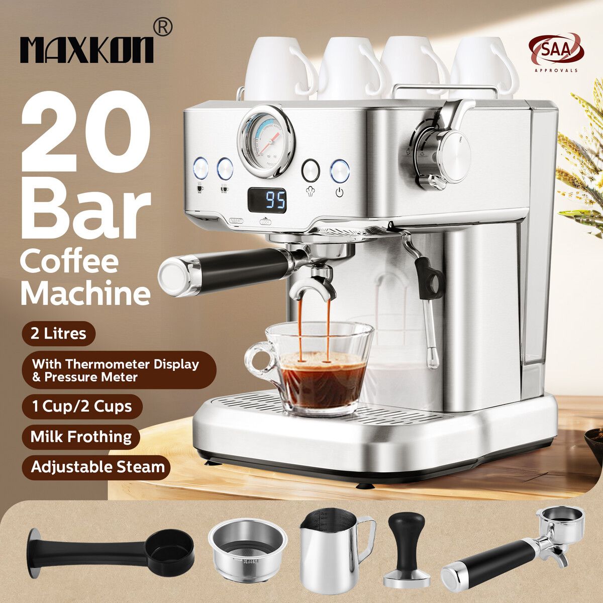 Espresso Coffee Machine 20 Bar 2L Stainless Steel Latte Cappuccino Maker Home Cafe Office Milk Frother with Pressure Gauge Thermometer Maxkon