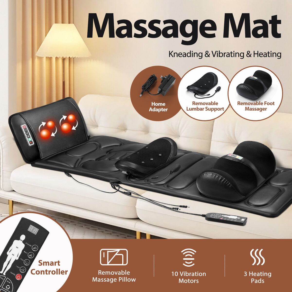 HOMASA Full Body Massage Mat Heated Foot Back Massager Shiatsu Vibration Lumbar Support Neck Leg Relax for Mattress Bed Sofa Chair Recliner