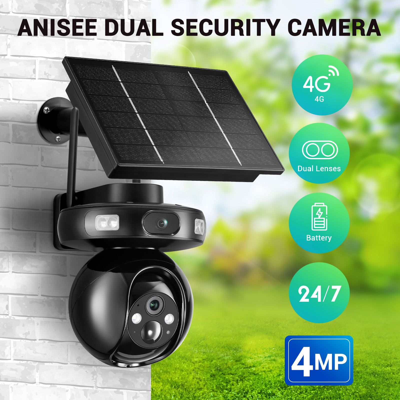 ANISEE DUAL SECURITY CAMERA 4MP 4G (Solar Powered, Wireless CCTV, Dual Lens, PTZ, Motion Sensor)