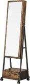 SONGMICS Lockable Jewelry Cabinet Floor Standing on Wheels with Mirror Rustic Brown