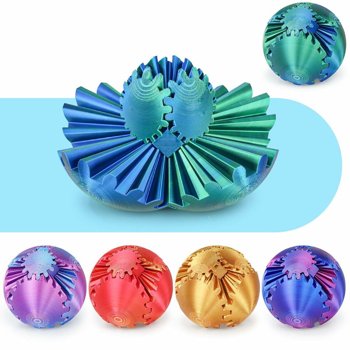 Gear Ball 3D Printed Spin Ball or Cube Fidget Toy,Gear Sphere Fidget Toy,Fidget Ball Gear Toy,Stress Ball GearSphere Desk Toy (Blue Green,6cm)