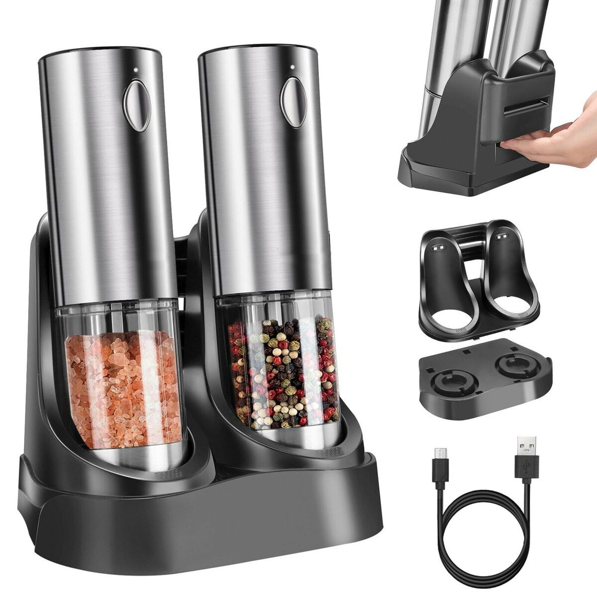 Electric Salt and Pepper Grinder Set Automatic Pepper Mills with Easy-to-Carry Dual Charging Station and Adjustable Coarseness with LED Light