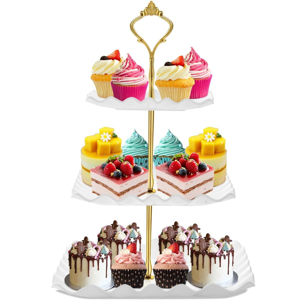 Dessert Cupcake Stand 3 Tier Cup Cake Holder Tower Tea Party Birthday Weeding Plastic Tiered Serving Tray  Rod White