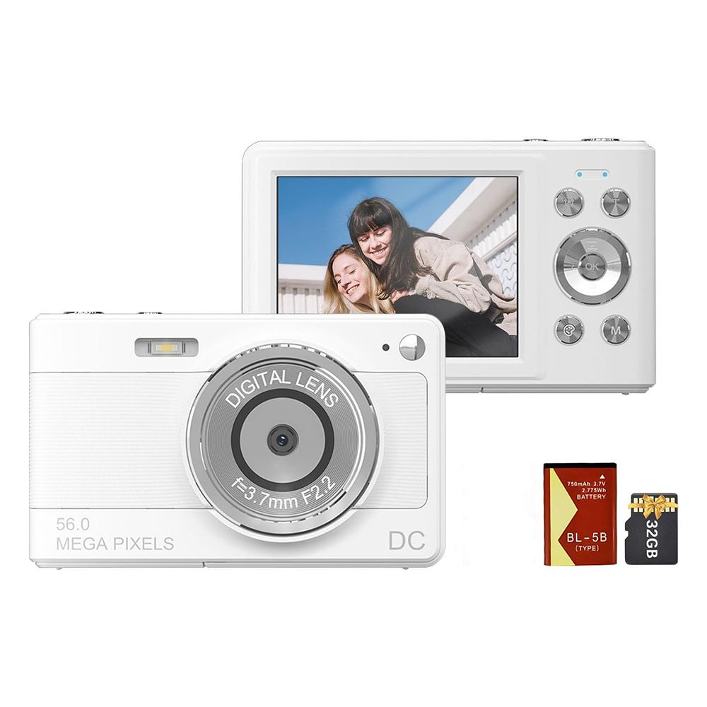 1080P Digital Camera Digital Video Camera Camcorder 56MP 2.88 Inch IPS Screen with 32GB Memory Card 1pc Batterie for Kid Teen, White