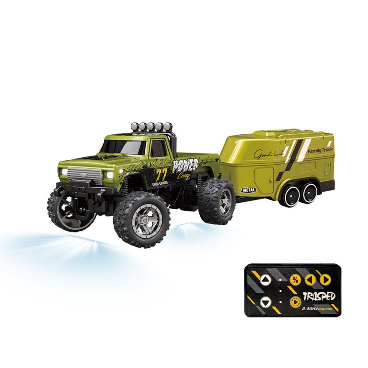 Mini Rc Monster Truck,Mini Monster Trucks,1:64 Scale Monster Truck Remote Control Car with Lights,Mini Rc Truck with Trailer,Mini Drift Rc Car (Green)