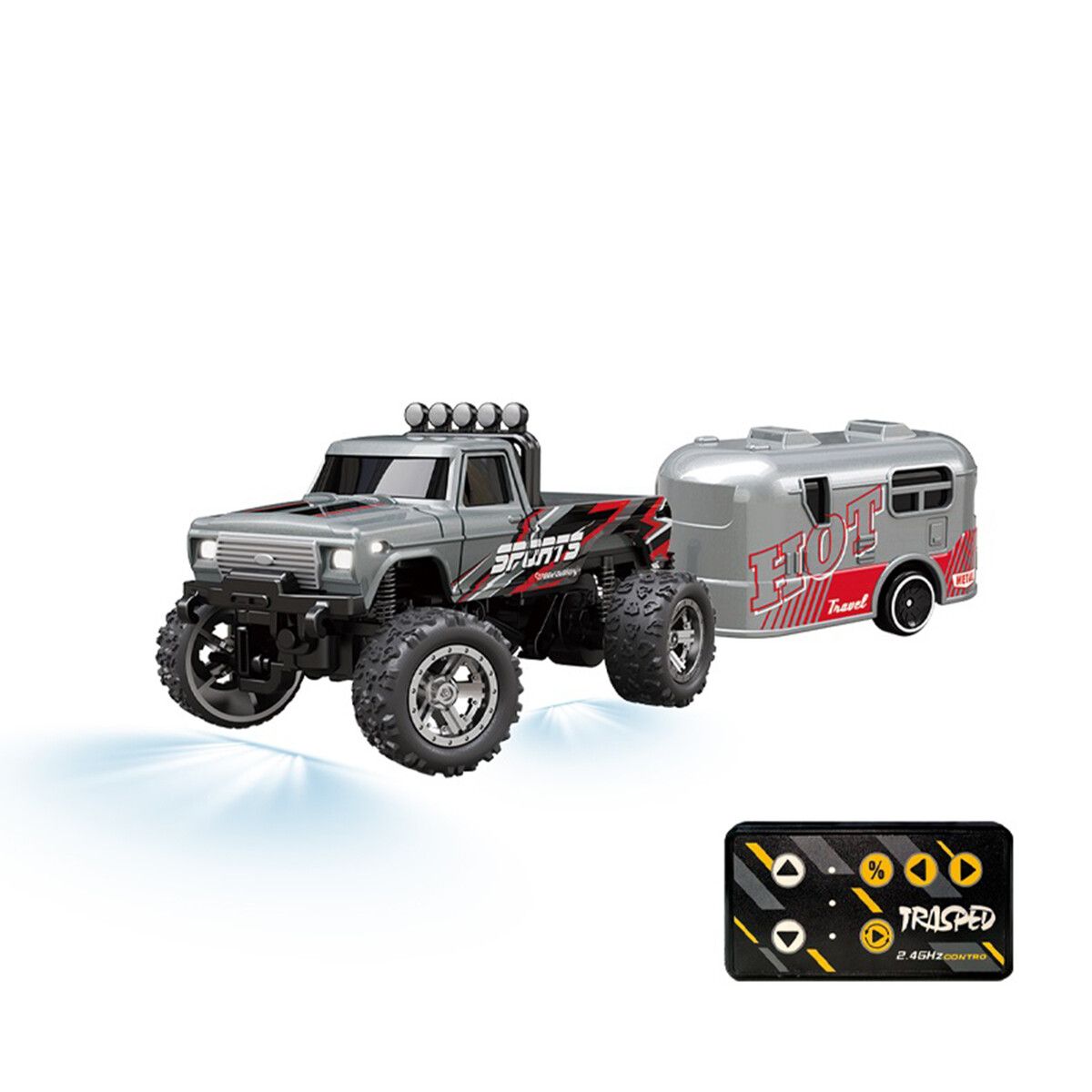 Mini Rc Monster Truck,Mini Monster Trucks,1:64 Scale Monster Truck Remote Control Car with Lights,Mini Rc Truck with Trailer,Mini Drift Rc Car (Gray)