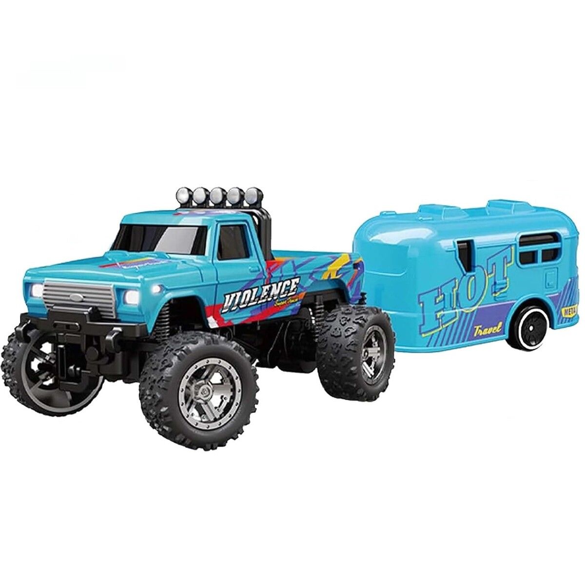 Mini Rc Monster Truck,Mini Monster Trucks,1:64 Scale Monster Truck Remote Control Car with Lights,Mini Rc Truck with Trailer,Mini Drift Rc Car (Blue-B)