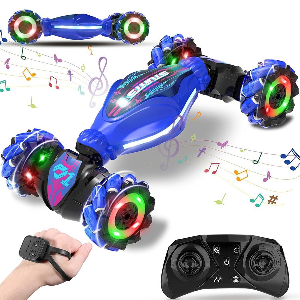 Gesture Sensing RC Stunt Car Toys for Boys Girls, 2.4GHz 4WD Hand-Controlled Remote Control Twist Car with Lights Music (Blue)