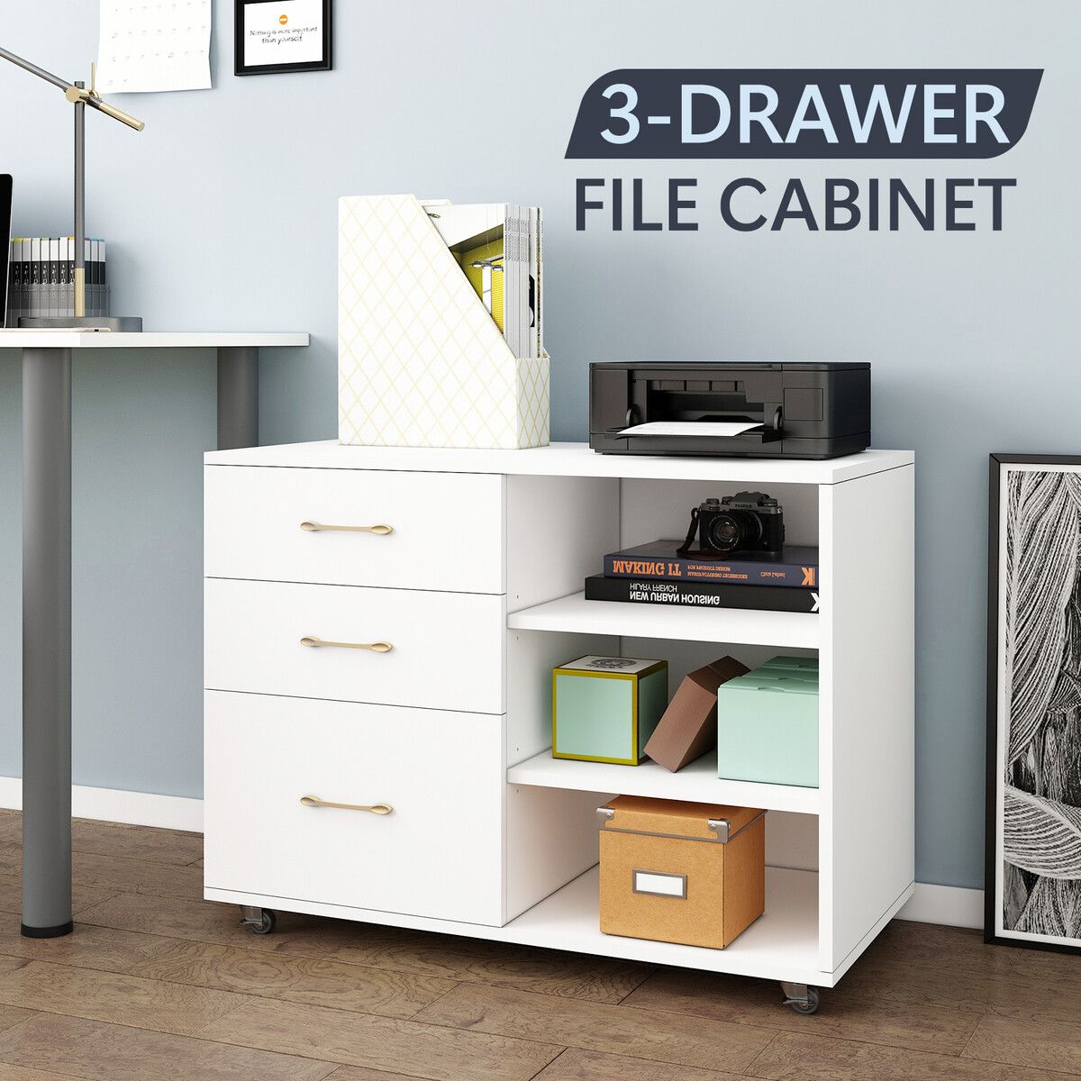 3 Drawer File Cabinet Office Filing Storage Furniture White Modern Rolling Wood Lateral Home Document Organiser Open Shelves for Letter A4 Legal Size