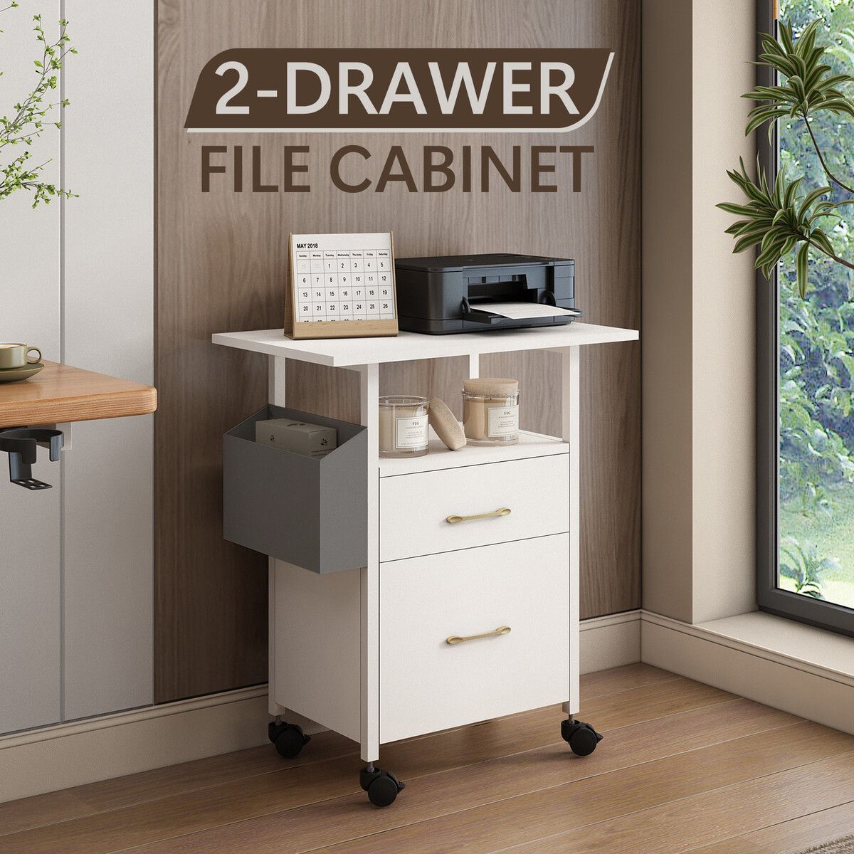 2 Drawer File Cabinet Office Home Filing Storage Furniture White Modern Wood Rolling Vertical Document Organiser Open Shelf for Letter Legal A4 Size