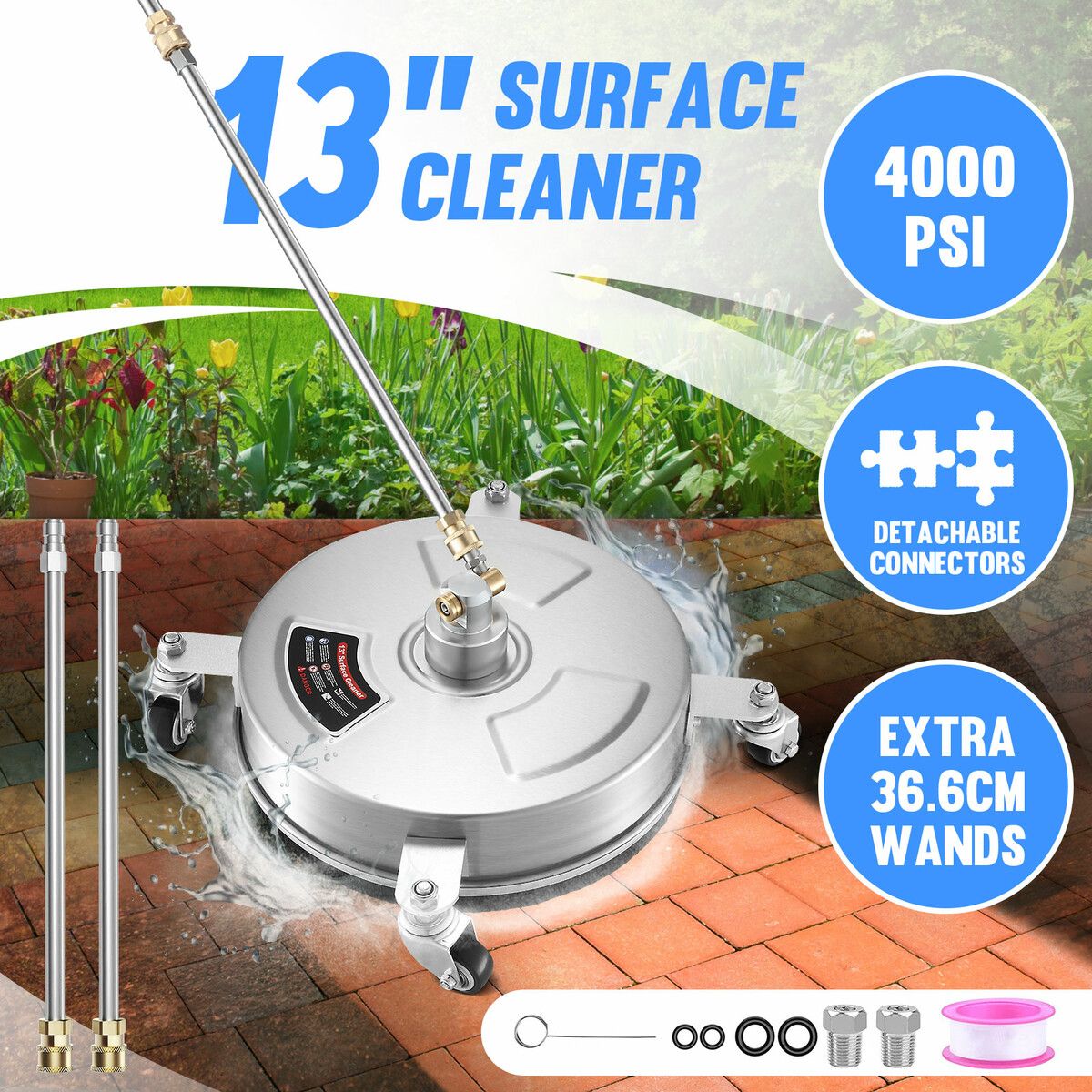 High Pressure Washer Surface Cleaner Concrete Driveway Scrubber 13 Inch 4 Wheel 4000PSI Power Jet Extension Wand Nozzle 1/4” Connector Stainless Steel