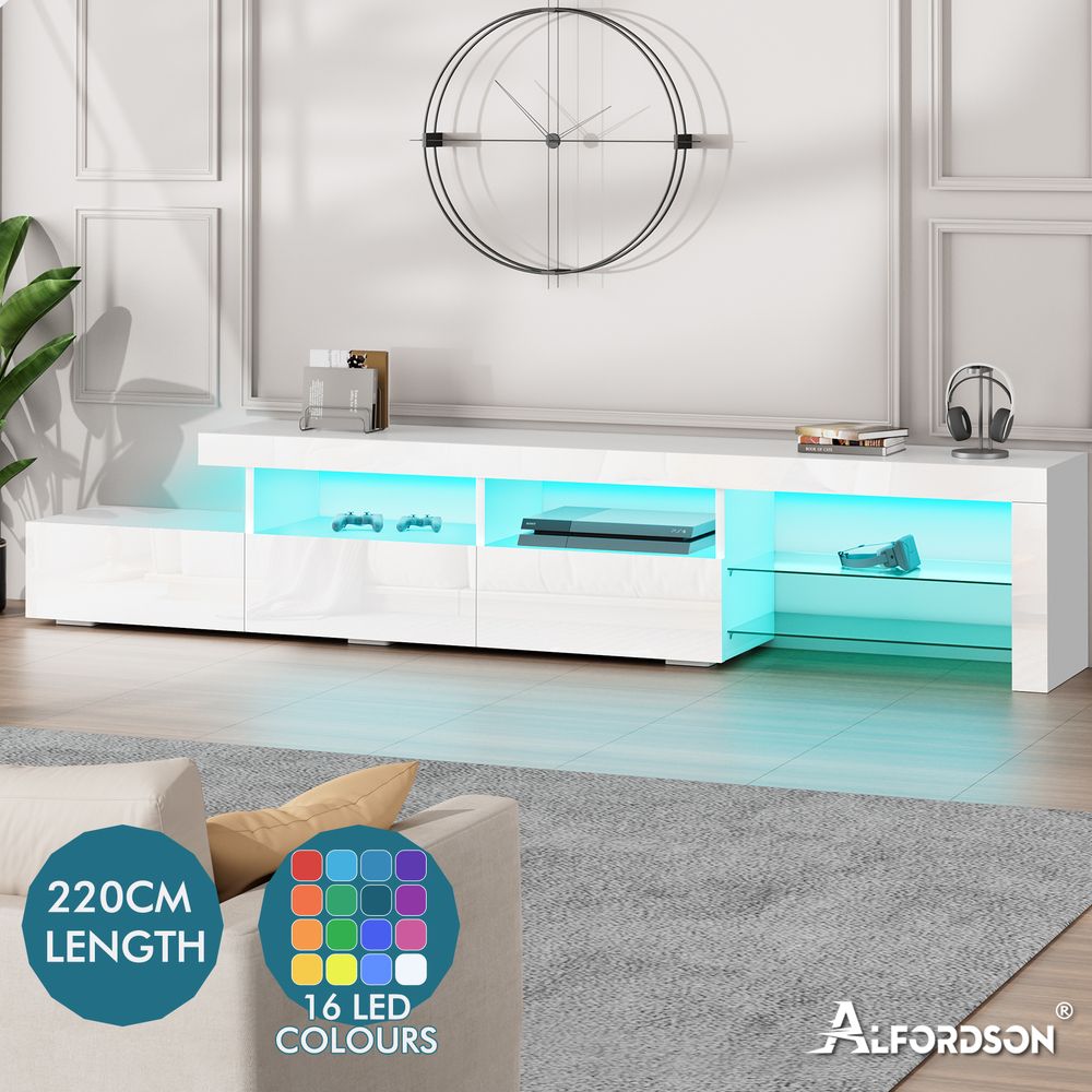 ALFORDSON Entertainment Unit TV Stand LED Light 220cm White