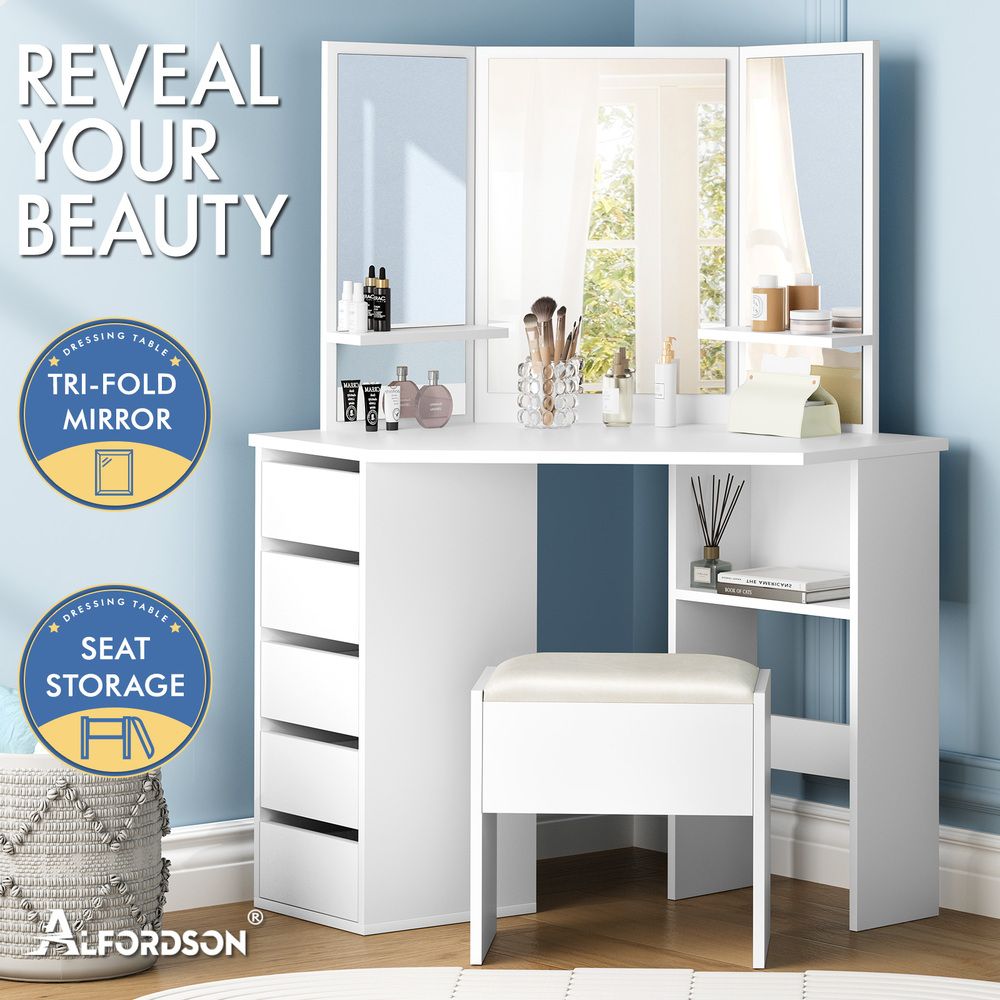 ALFORDSON Dressing Table Stool Set Makeup Tri-fold Mirror Vanity Desk White