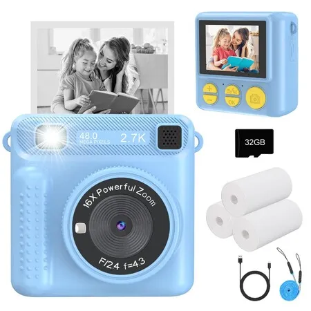 Kids Camera Instant Print,HD Digital Video,32GB SD Card,Portable Toy for Girls Boys Age 3+,Christmas Birthday Gifts (Blue)