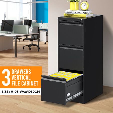 File Cabinet 3 Drawer Filing Organiser Steel Locker Cupboard Home Office Storage Furniture Unit for Letter Legal A4 F4 Documents Black 103x40x50cm
