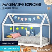 ALFORDSON Kids Bed Frame Wooden Timber Single House Frame Platform Bed Base White  Rocco