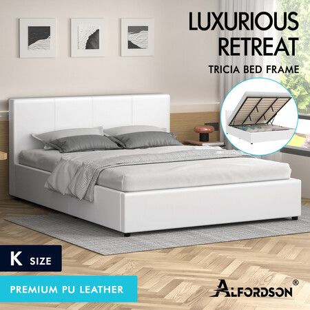 ALFORDSON Bed Frame King Size Gas Lift Storage Base White Leather TRICIA