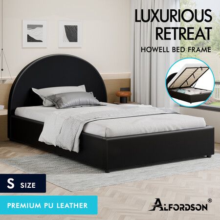 ALFORDSON Bed Frame Single Size Gas Lift Base With Storage Black Leather HOWELL