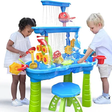 Kids Summer Fun Sand Water Table Toy 3-Tier Pool Play Educational Beach Outdoor Activity  Dolphin Water Wheel, Shovel Toy, Christmas Gift,