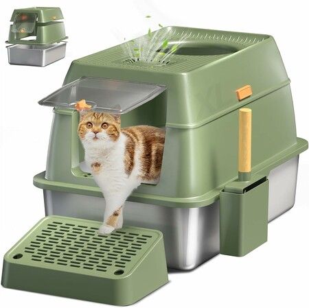 3 in 1 XL Cat Litter Box Kitty Enclosed Stainless Steel Potty Pan Semi Covered Toilet Modular Tray High Sided Furniture with ABS Lid Carbon Filters