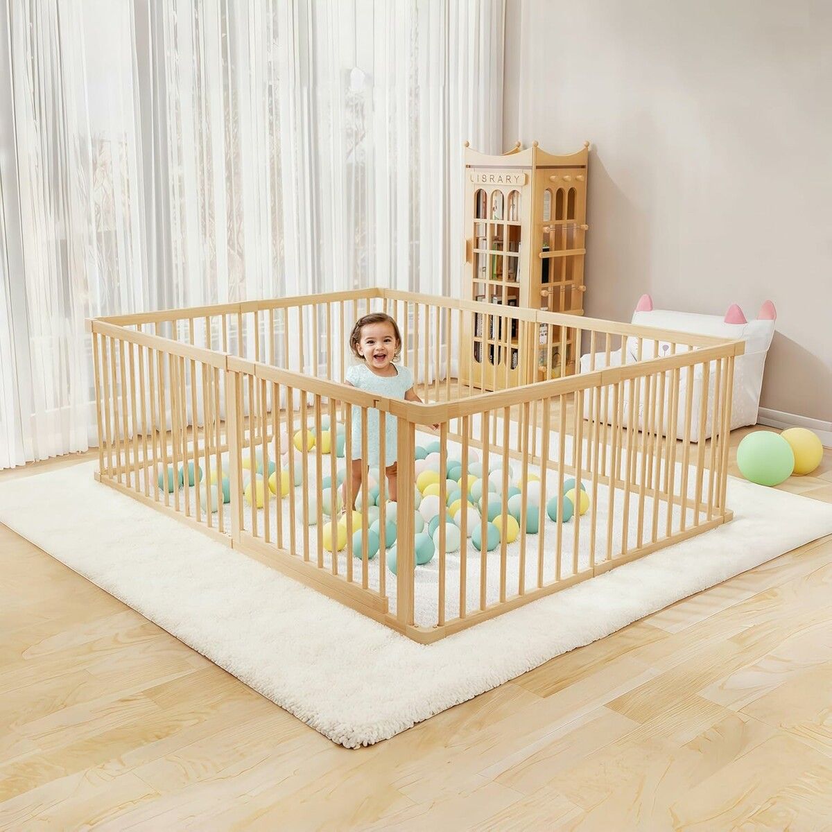 8 Panel Wooden Baby Playpen Large Size Baby Playard for Babies and Toddlers with Safety Gate