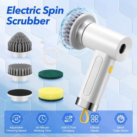 Electric Spin Scrubber Cordless Home Car Power Cleaning Brush 4 Heads for Toilet Bath Tub Tile Floor Wall Shower Grout Window Kitchen Sink