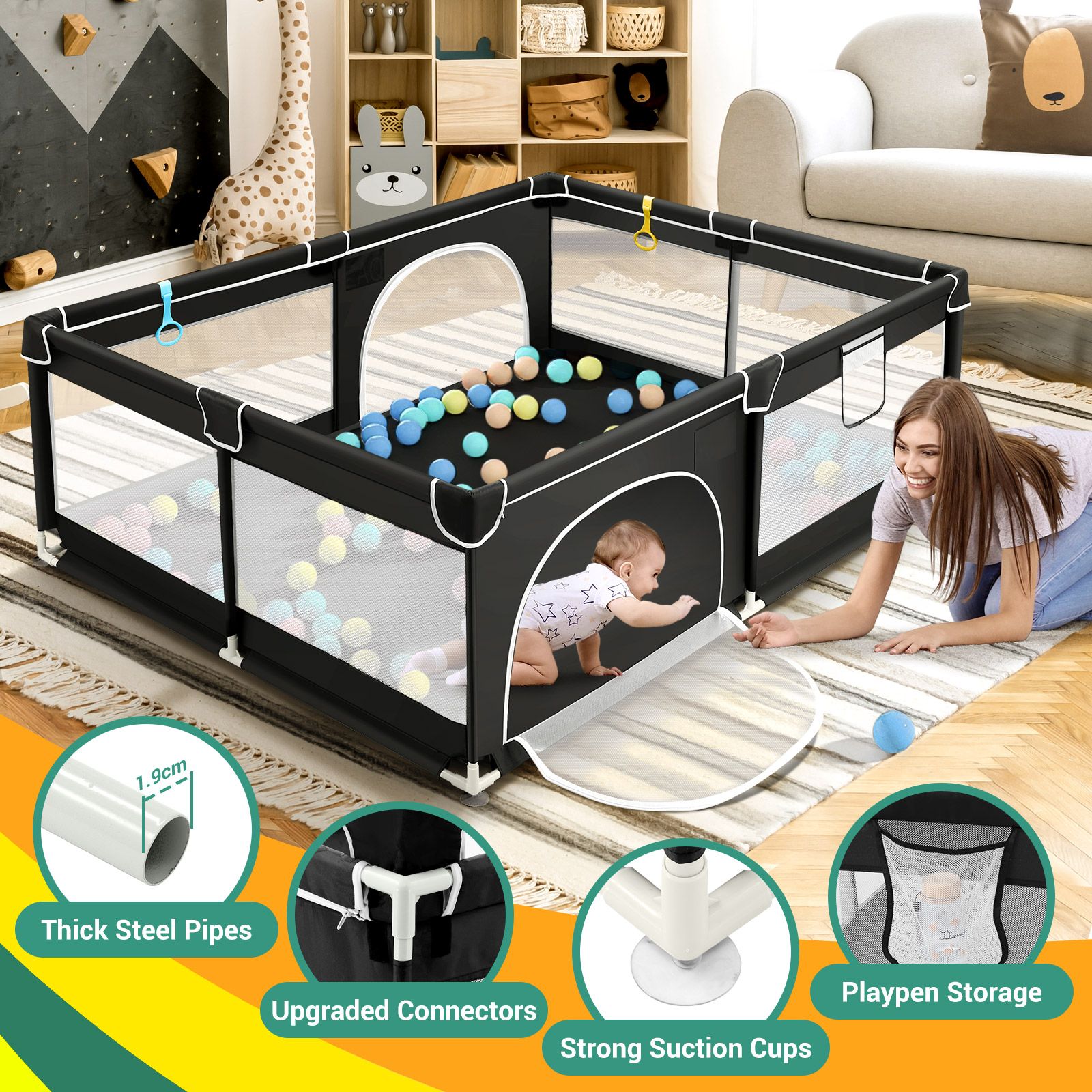 Baby Playpen Safety Gate Pen Fence Kids Playground Indoor Play Activity Centre Game Room Enclosure Barrier Yard Mesh Walls 150x200cm