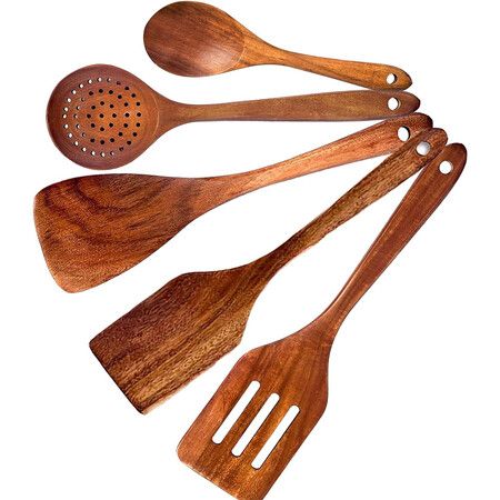 5 Pack Wooden Utensils for Cooking, Wood Spoons for Cooking Non-Stick Wood Kitchen Utensil Set Teak Wood Spatulas for Cooking Kitchen Tools