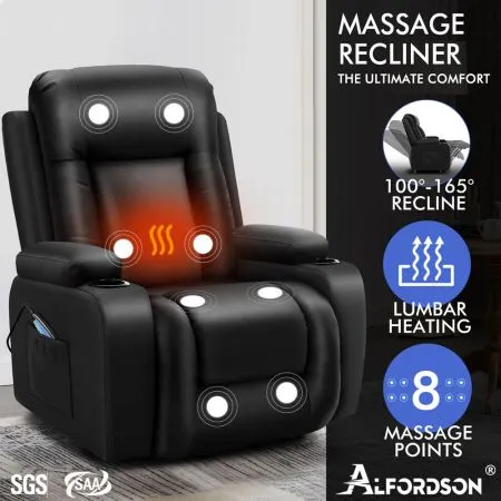 ALFORDSON Recliner Chair Heated Massage Armchair Lounge Sofa Leather Black
