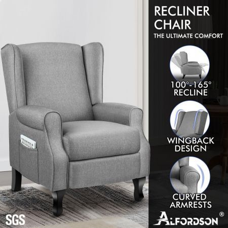 ALFORDSON Recliner Chair Armchair Accent Lounge Sofa Single Couch Fabric Grey
