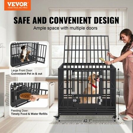 42 Inch Heavy Duty Dog Crate Indestructible Dog Crate 3-Door Heavy Duty Dog Kennel for Medium to Large Dogs with Lockable Wheels and Removable Tray
