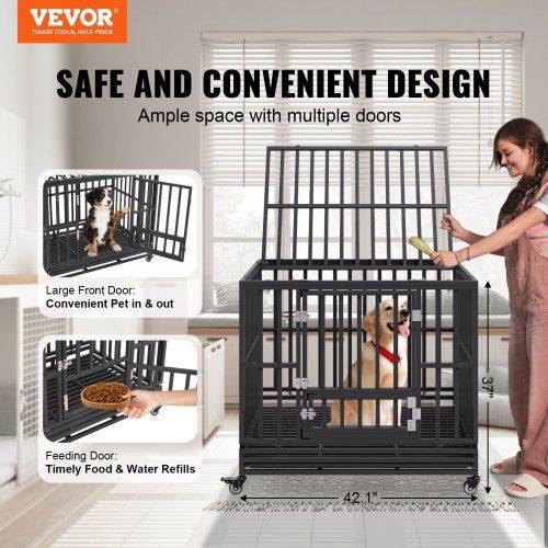 42 Inch Heavy Duty Dog Crate Indestructible Dog Crate 3-Door Heavy Duty Dog Kennel for Medium to Large Dogs with Lockable Wheels and Removable Tray
