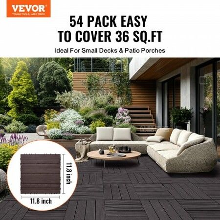 Interlocking Deck Tiles 54 Pack 12"x12" Waterproof for Porch Dark Brown