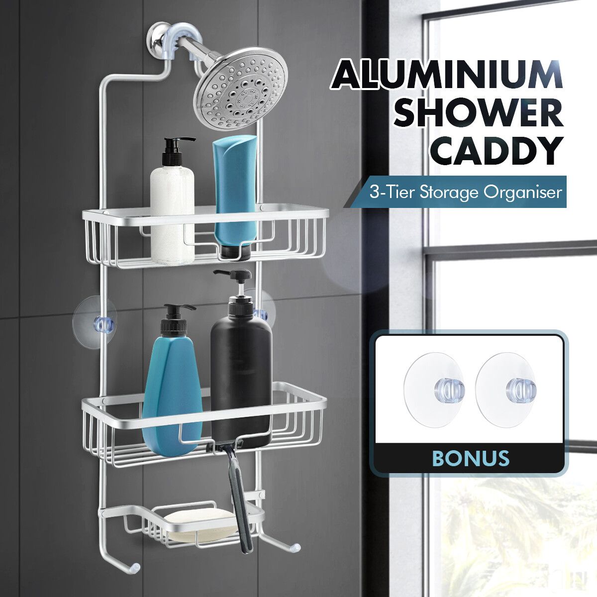 Aluminum Hanging Shower Caddy 3-Shelf Bathroom Organiser Storage Shelves Silver