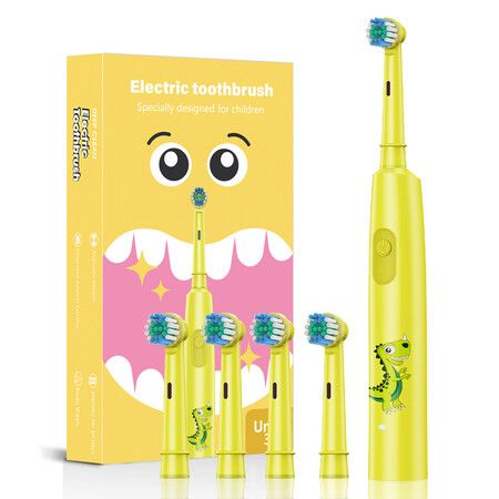 Yellow Rechargeable Electric Toothbrush Rotating Round Head Soft Bristles Includes 4 Brush Heads