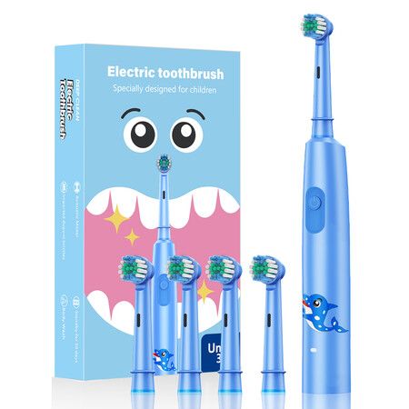 Blue Rechargeable Electric Toothbrush Rotating Round Head Soft Bristles Includes 4 Brush Heads