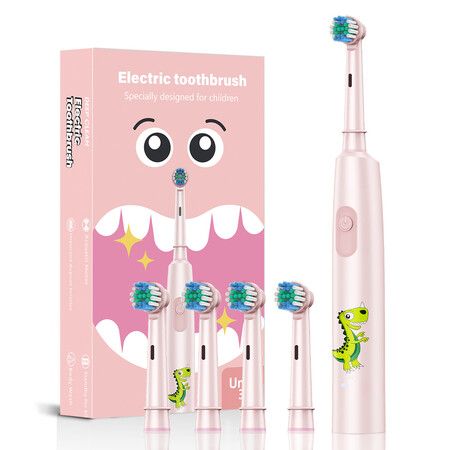 Pink Rechargeable Electric Toothbrush Rotating Round Head Soft Bristles Includes 4 Brush Heads
