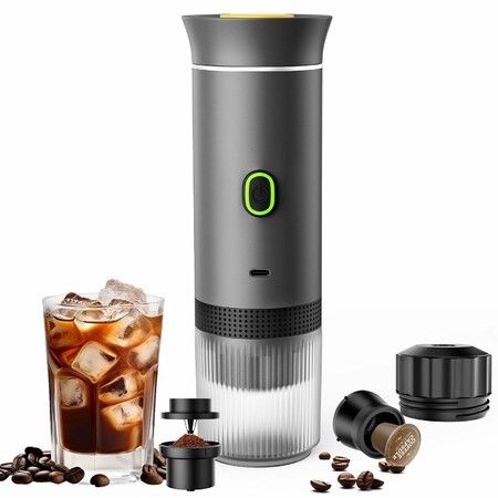 Portable Electric Espresso Mini Machine, Coffee Maker with Ground Coffee and NS Capsule for Machine,Perfect for Hiking,Camping,Office (Gray)