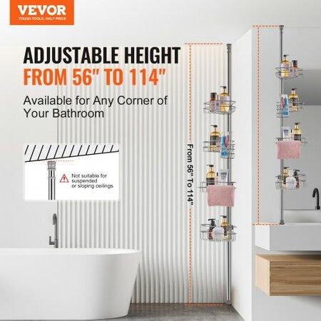 56 inches to 114 inches High Shower Corner Caddy Tension Pole Rust-Proof Tension Pole