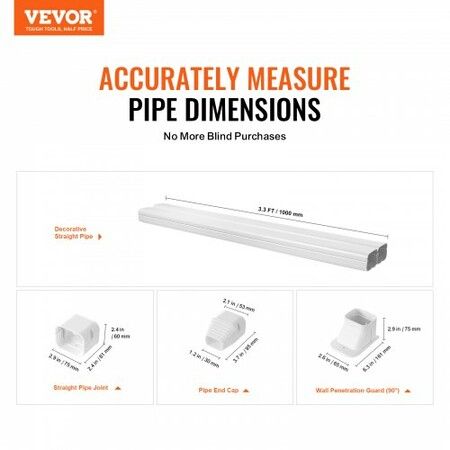 Mini Split Line Set Cover 76.2mm W 2270mm L PVC Decorative Pipe Line Cover For Air Conditioner with 2 Straight Ducts & Full Components Easy to Install