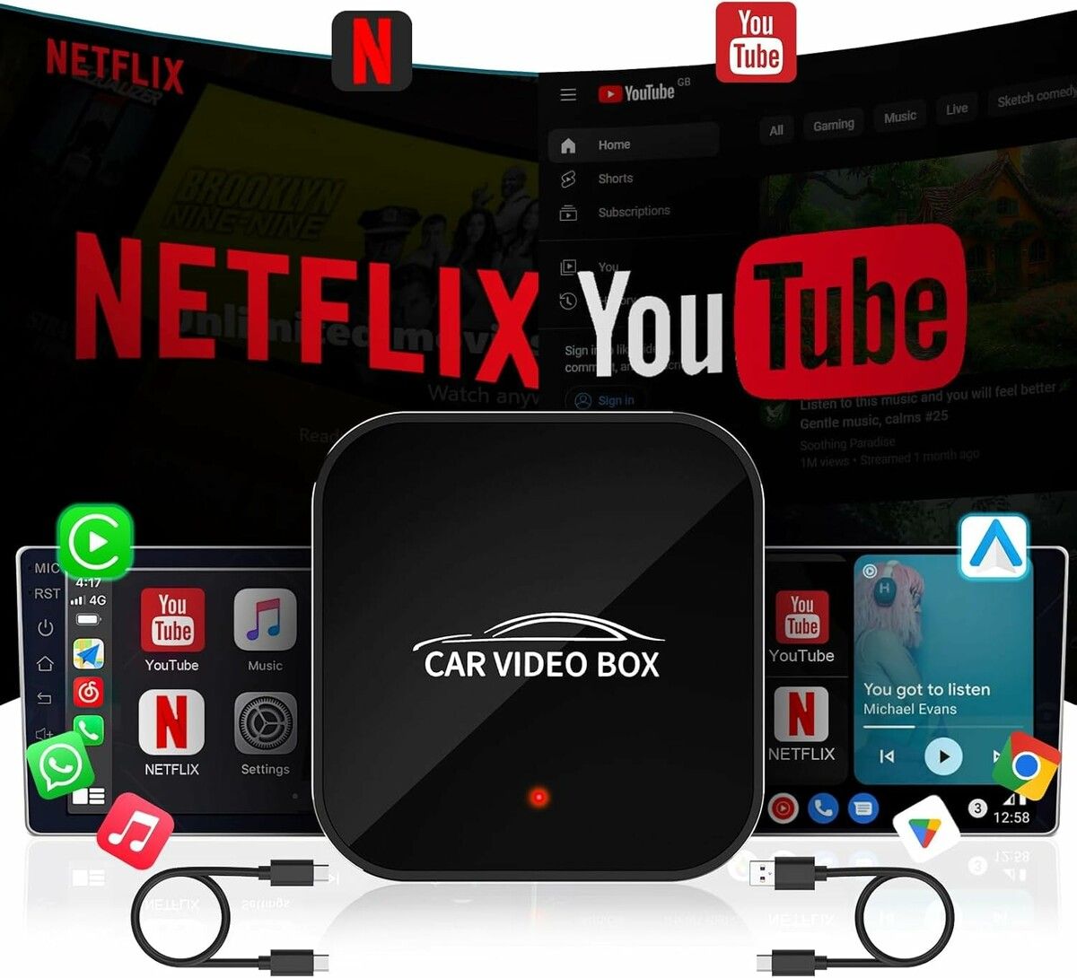 Wireless Carplay Adapter with Netflix YouTube,Carplay Wireless Adapter Android Auto Wireless Dongle,5GHz WiFi,Video Box Convert Wried to Wireless CarPlay
