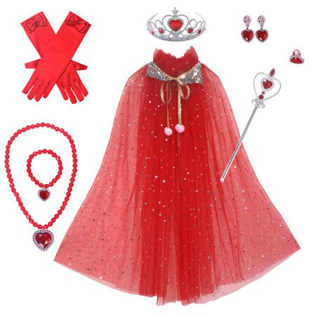 Red Frozen Princess Set Hand Necklace Crown Sequin Cloak Veil Perfect Dress Up