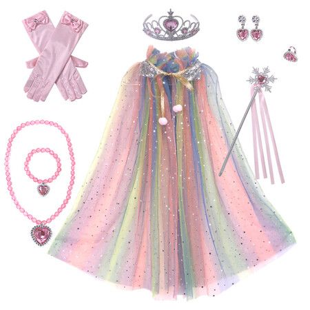 Seven Colorl Frozen Princess Set Hand Necklace Crown Sequin Cloak Veil Perfect Dress Up